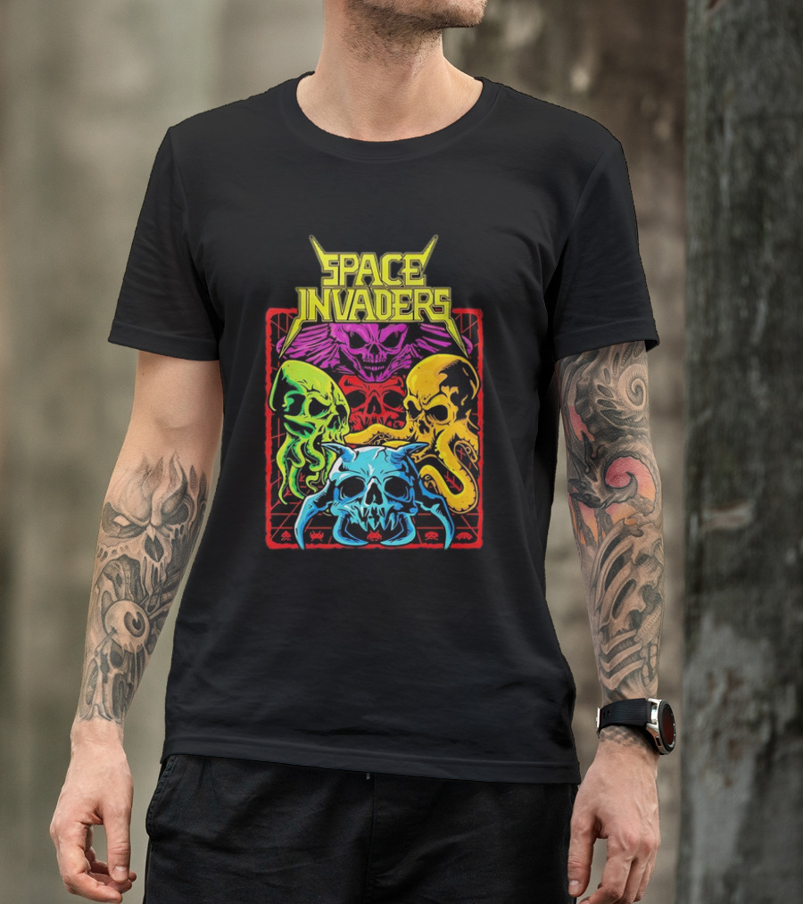 Space Invaders Neon Skull Cthulhu Quartet T-Shirt