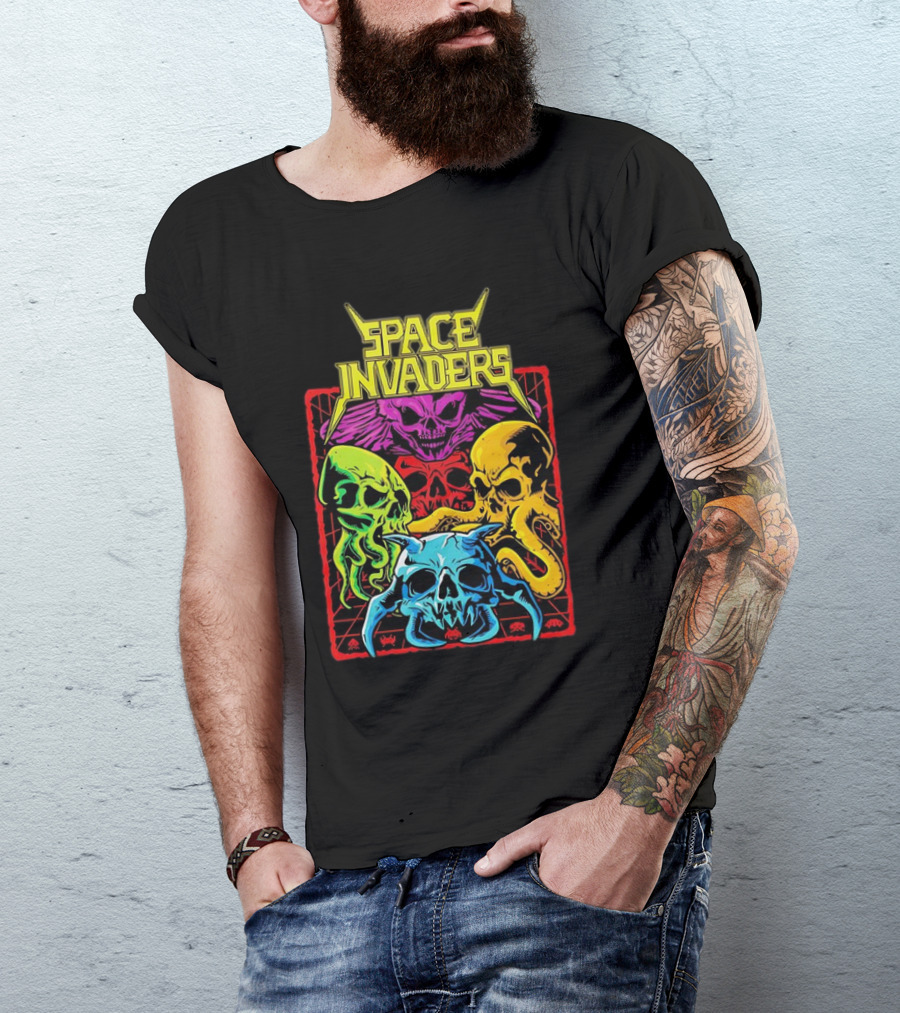 Space Invaders Neon Skull Cthulhu Quartet T-Shirt