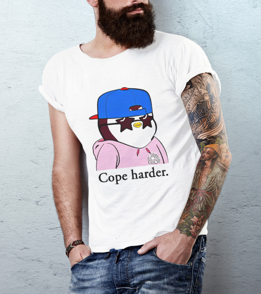 Pudgy Penguin Cope Harder Star Shades Blue Cap Pink T-Shirt