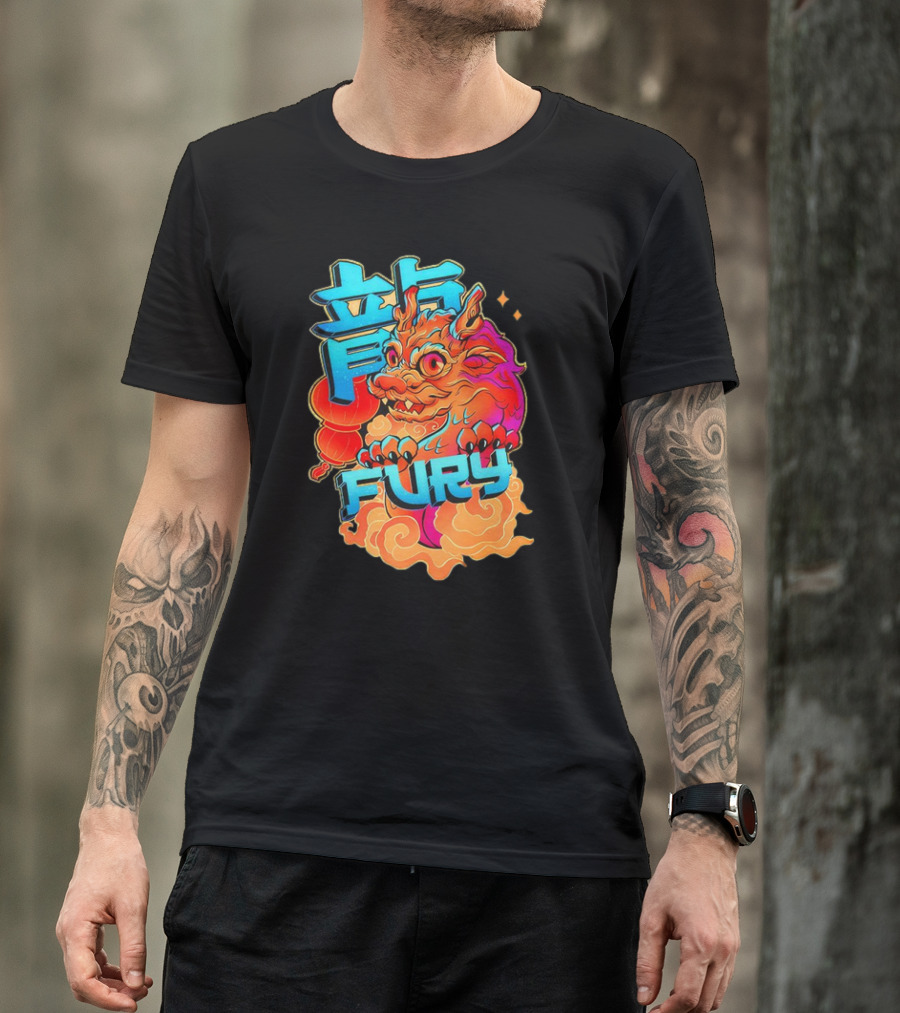 Dragon Fury Vibrant Mythical Creature With Neon Chinese Characters T-Shirt