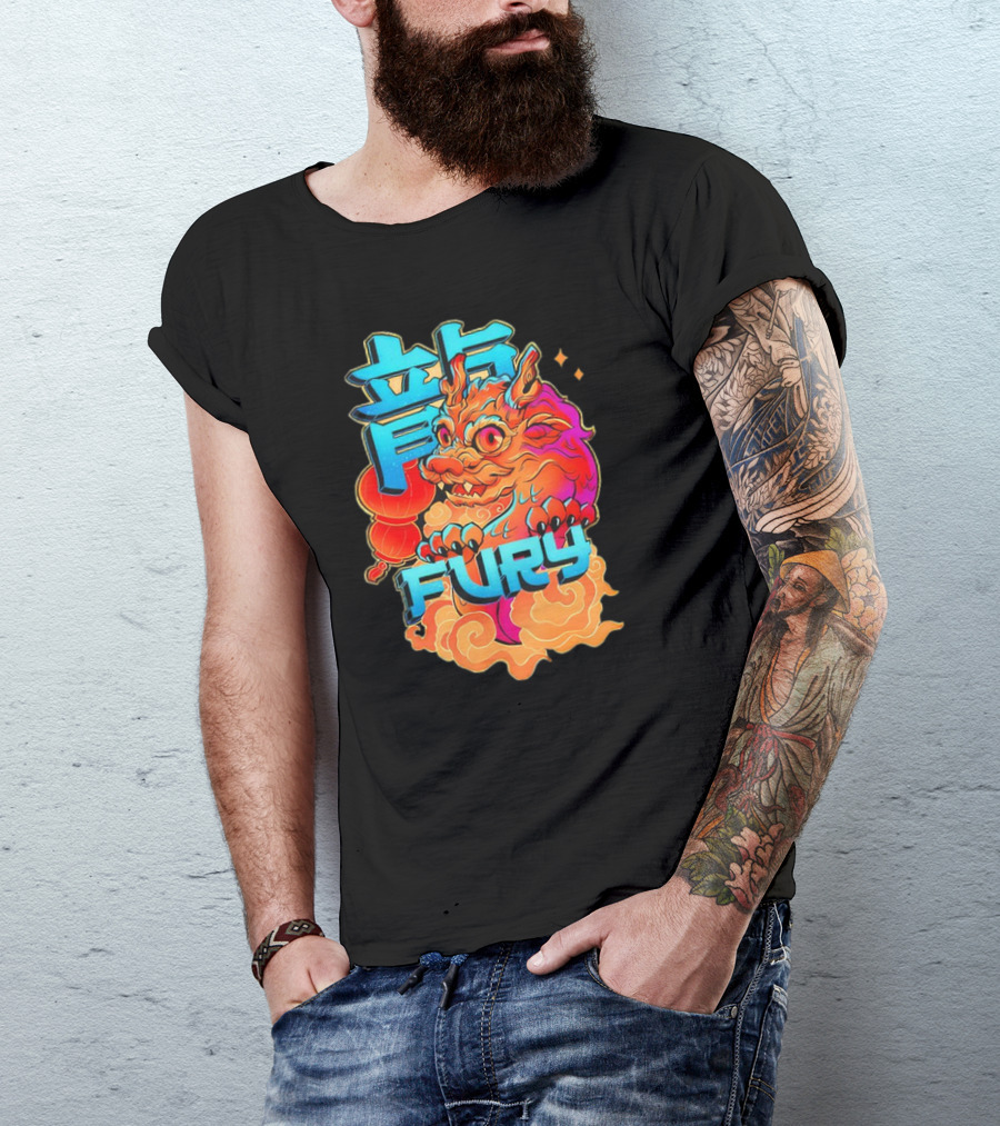 Dragon Fury Vibrant Mythical Creature With Neon Chinese Characters T-Shirt