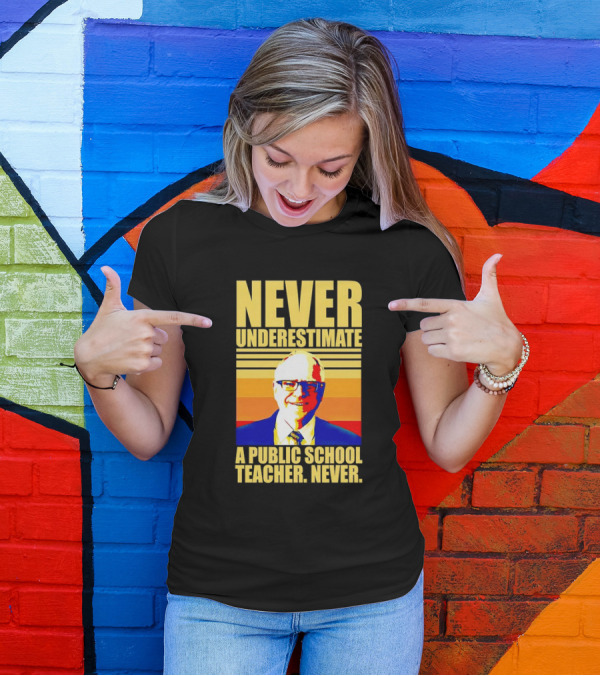 Never Underestimate A Public School Teacher Never Tim Walz Vintage Retro Stripes T-Shirt