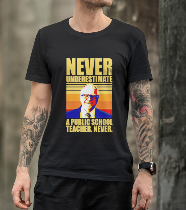 Never Underestimate A Public School Teacher Never Tim Walz Vintage Retro Stripes T-Shirt