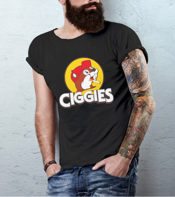 Buc-ees Ciggies Beanie Wearing Animal Carton Smoking Humorous T-Shirt