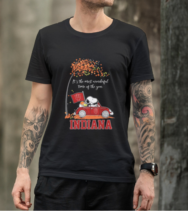 Indiana Hoosiers Snoopy And Woodstock Driving Car Fall It’s The Most Wonderful Time Of The Year T-Shirt