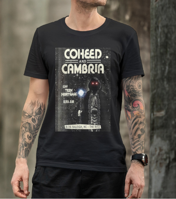 Coheed And Cambria 8/26 Raleigh NC The Ritz With Teen Mortgage Olivia Jean Mysterious Hooded Figure With Cosmic Background T-Shirt