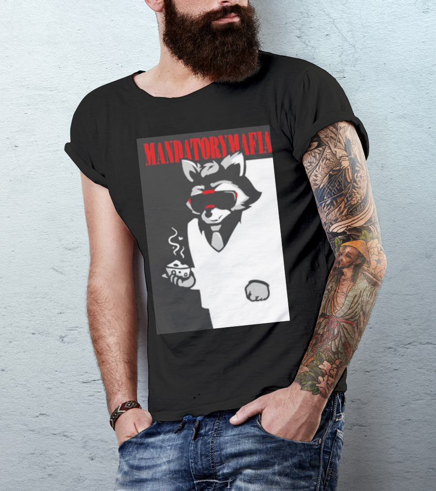 MANDATORY MAFIA RACCOON WITH COFFEE IN SUIT AND SUNGLASSES T-Shirt