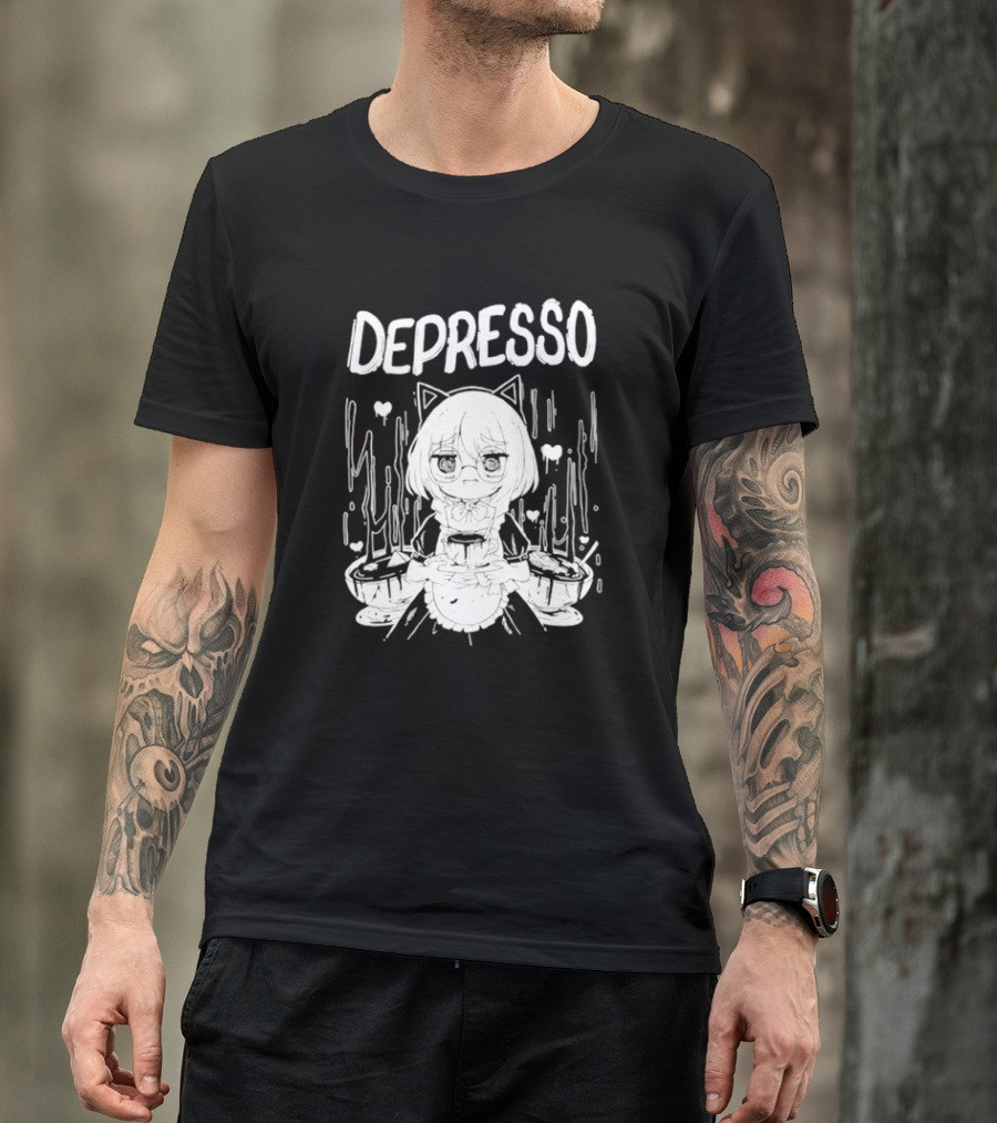 Depresso Cat-Eared Maid With Coffee Cups And Sad Expression T-Shirt