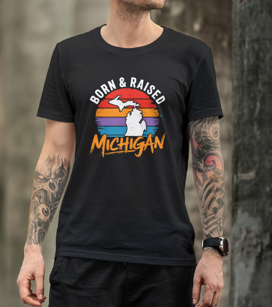 Born And Raised Michigan Vintage Sunset Map Stripes T-Shirt