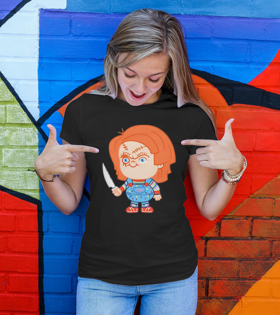 Chucky Evil Doll With Knife In Striped Lovely Overalls T-Shirt