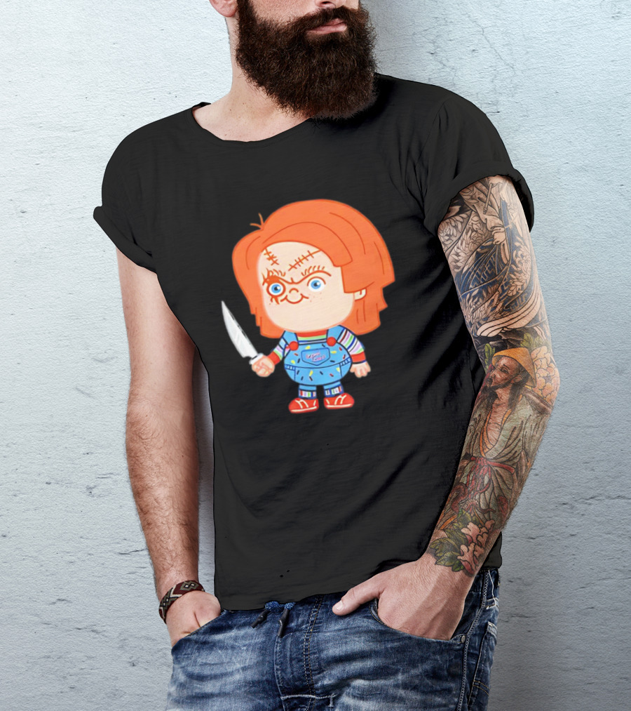 Chucky Evil Doll With Knife In Striped Lovely Overalls T-Shirt