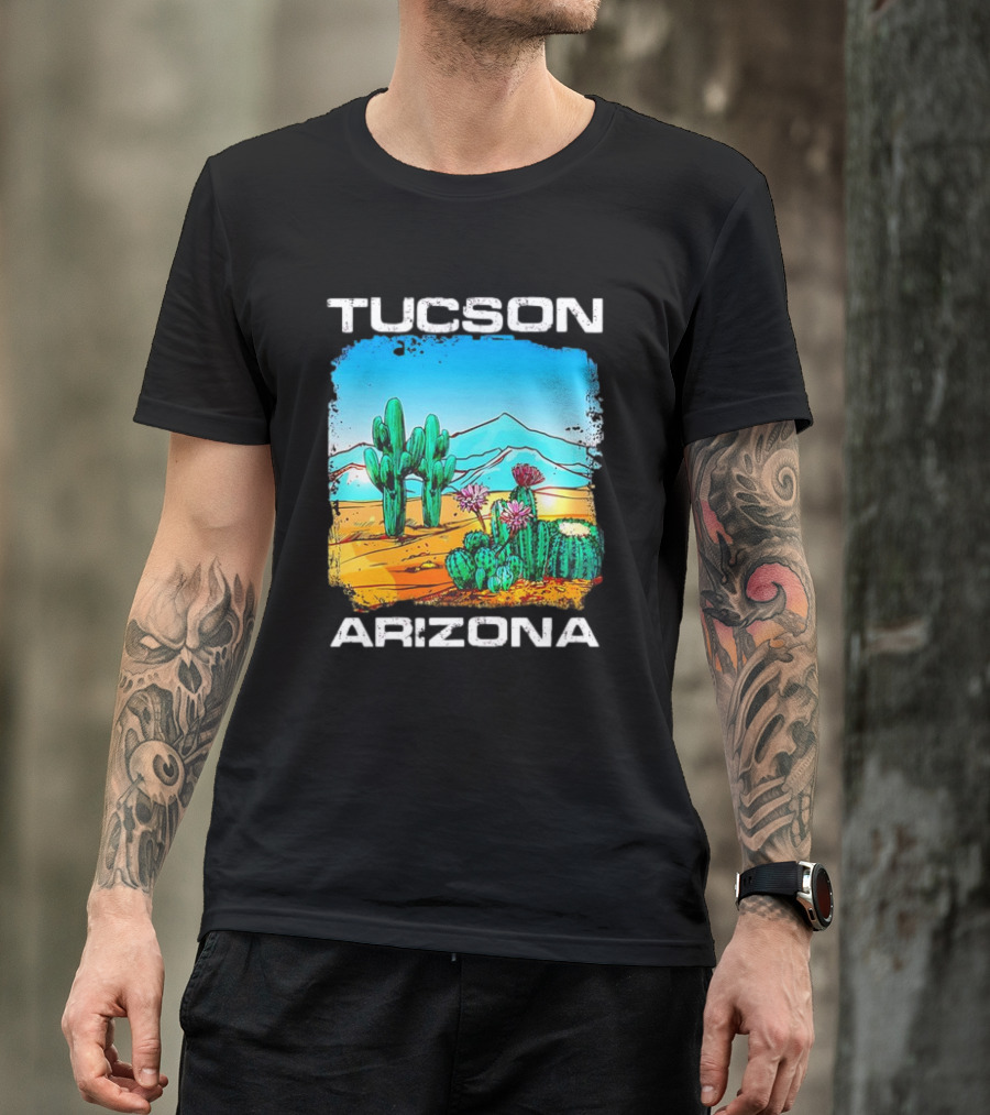 Tucson Arizona Retro Desert Scene With Cactus And Mountains T-Shirt