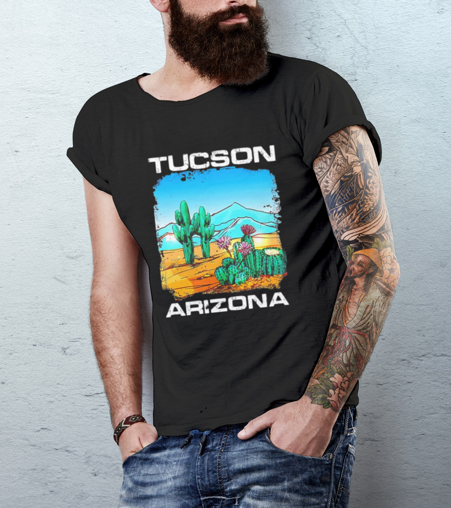 Tucson Arizona Retro Desert Scene With Cactus And Mountains T-Shirt