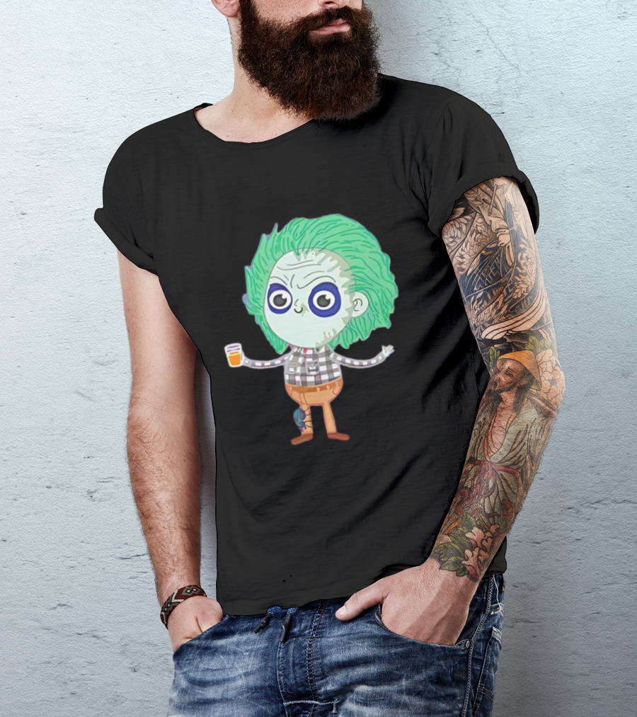 Beetlejuice Ghost Exorcist Cartoon Character With Drink T-Shirt