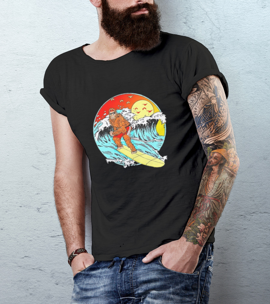 Bigfoot Surfing Sasquatch Retro 80s Beach Waves Sun Fun T-Shirt