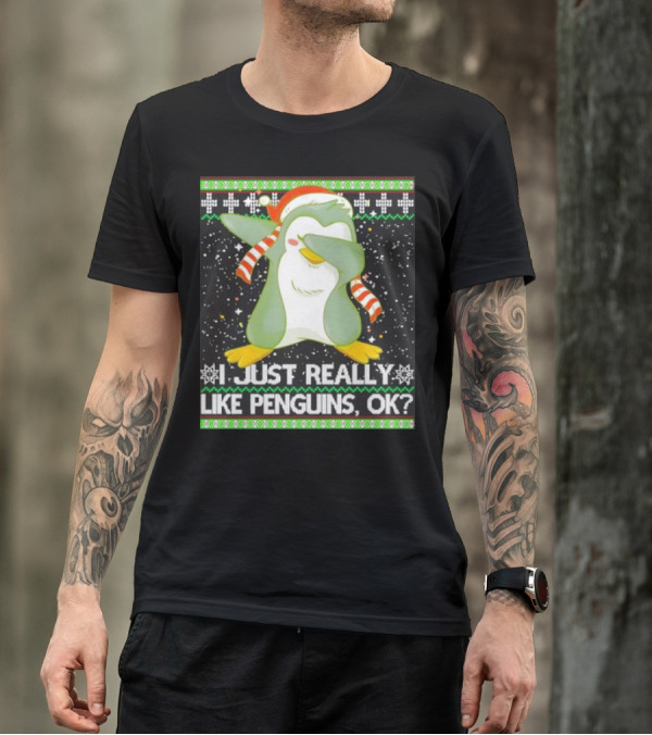 I Just Really Like Penguins Ok Ugly Christmas Cute Dabbing Penguin T-Shirt