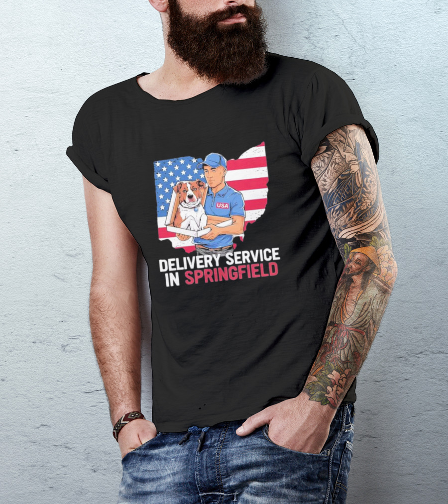 Delivery Service In Springfield USA Dog Parcel Ohio Flag Background T-Shirt