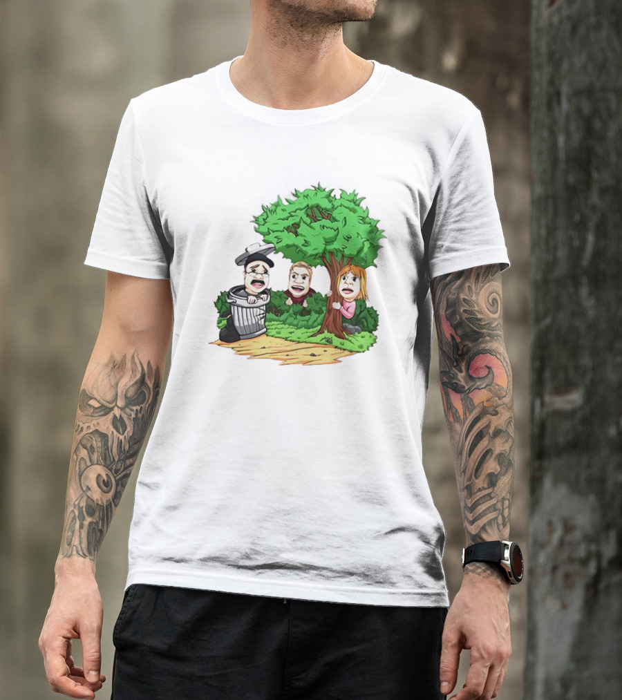 Artem Potokin Little Me Cartoon Characters Hiding Behind Tree And Trash Can T-Shirt