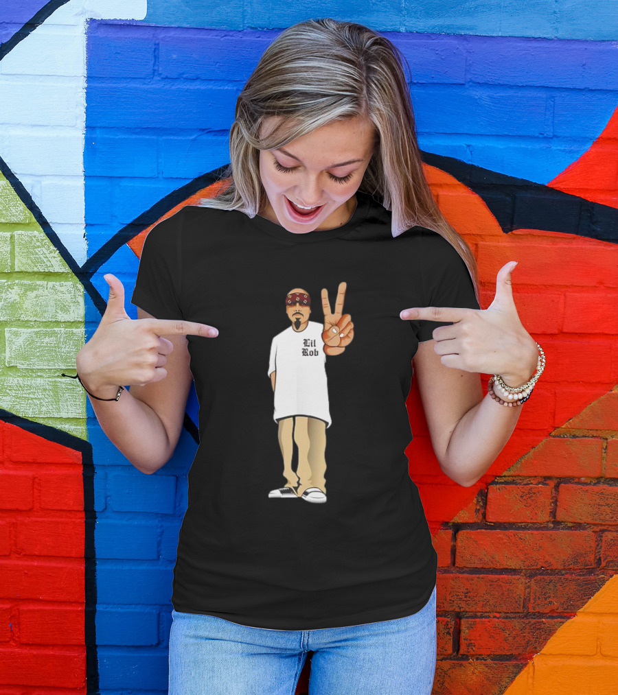 Lil Rob Peace Gesture Cartoon Character With Headband And Bearded T-Shirt