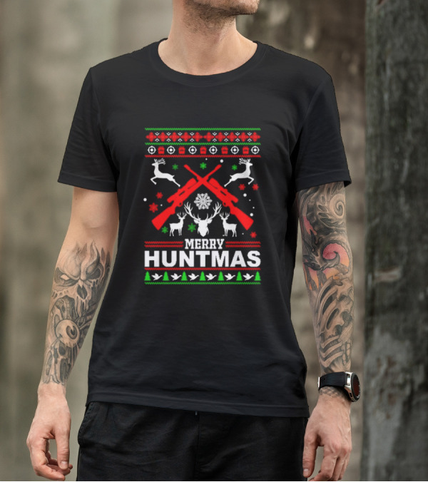 Merry Huntmas Christmas Reindeer Guns And Antlers Holiday T-Shirt