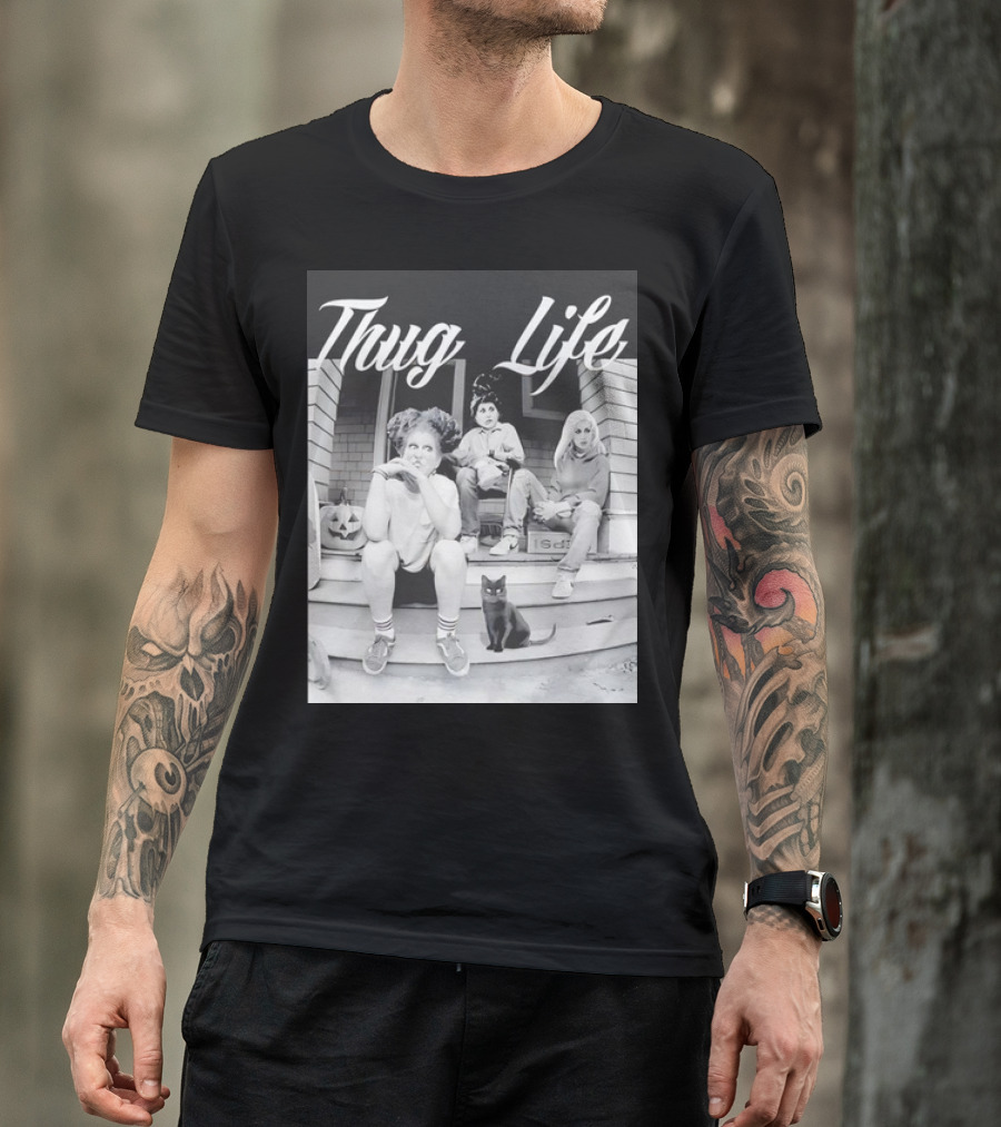 Hocus Pocus Thug Life Witchy Trio With Black Cat And Pumpkin Porch Scene T-Shirt