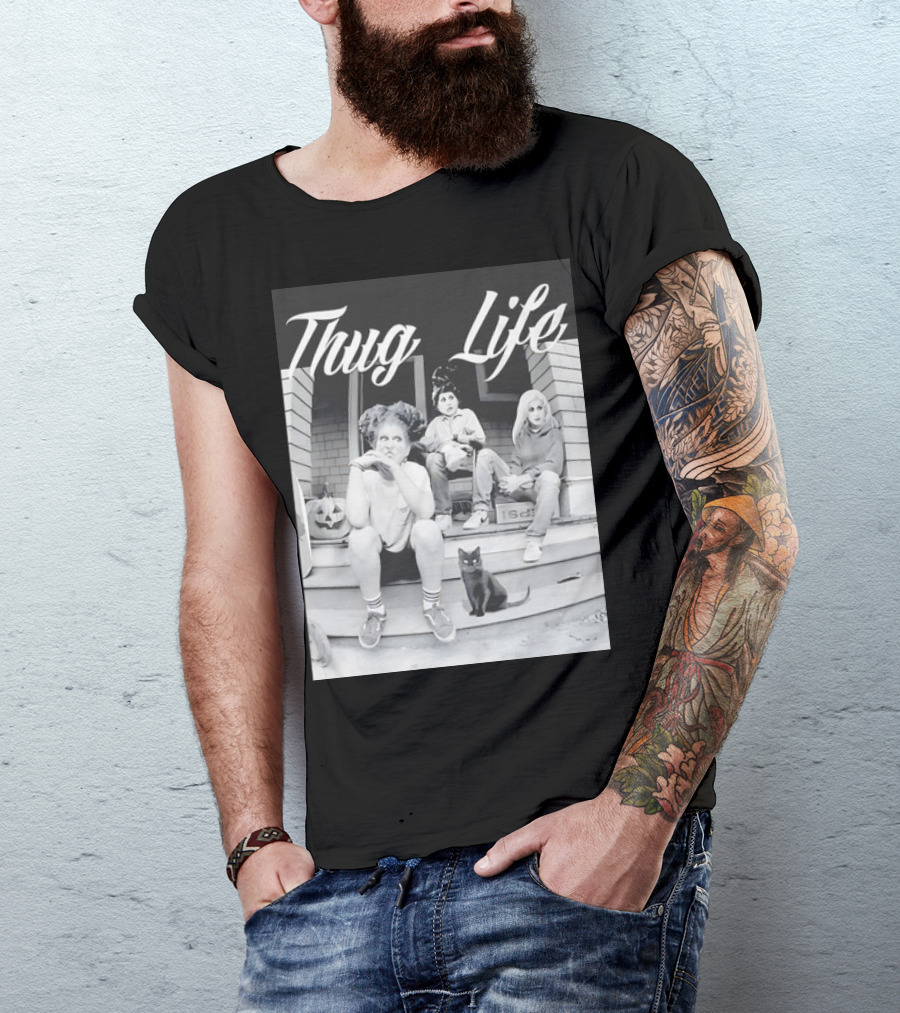Hocus Pocus Thug Life Witchy Trio With Black Cat And Pumpkin Porch Scene T-Shirt