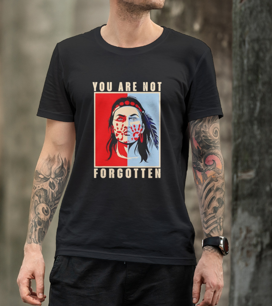 You Are Not Forgotten Awareness Native American Indian Red Handprint Feather Profile T-Shirt