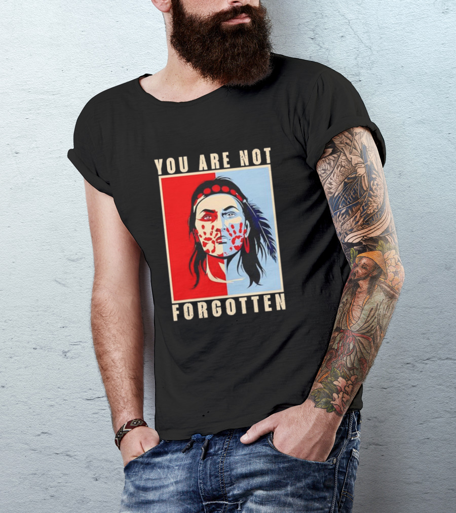 You Are Not Forgotten Awareness Native American Indian Red Handprint Feather Profile T-Shirt