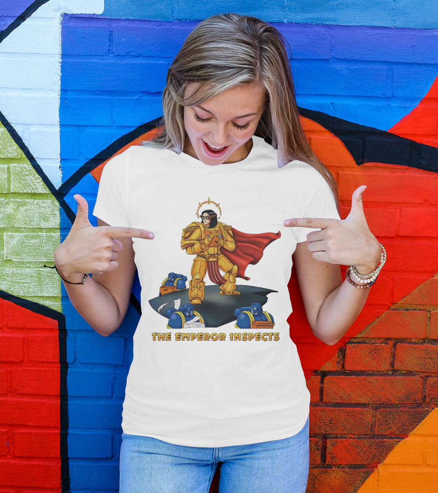 The Emperor Inspects Power Armor With Red Cape And Space Soldiers On Dark Platform T-Shirt