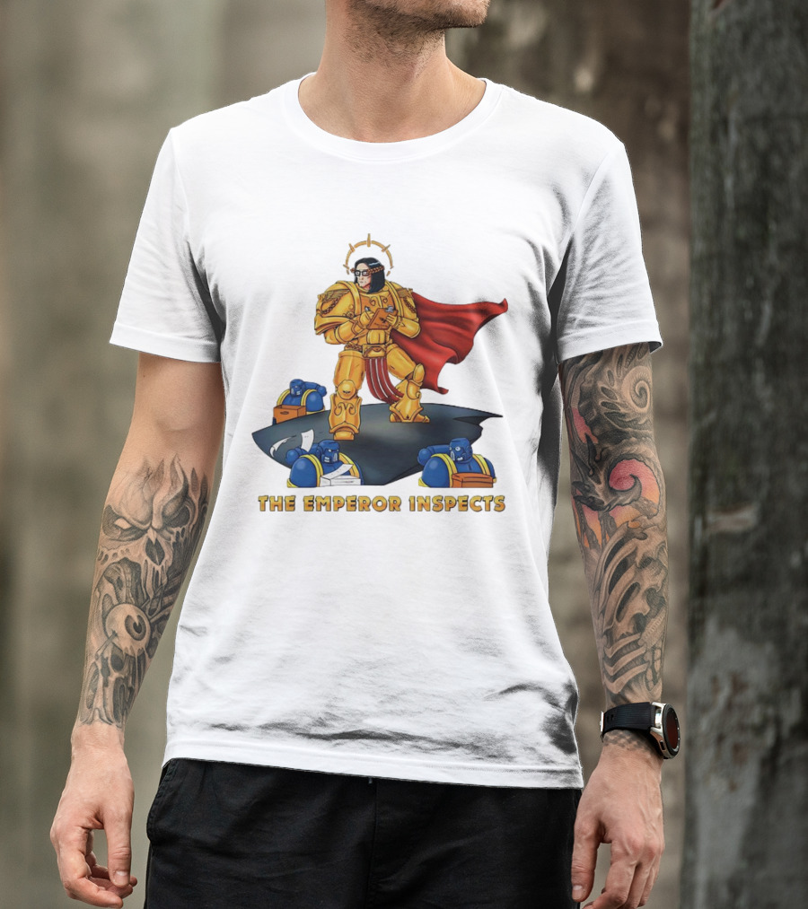 The Emperor Inspects Power Armor With Red Cape And Space Soldiers On Dark Platform T-Shirt