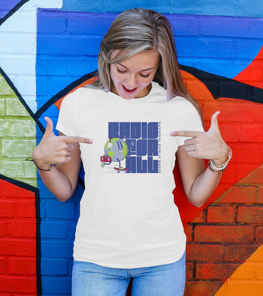 RADIO FOR ALL National Public Radio Cartoon Skateboarding Globe T-Shirt