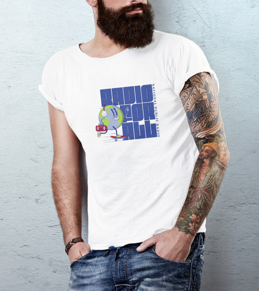 RADIO FOR ALL National Public Radio Cartoon Skateboarding Globe T-Shirt