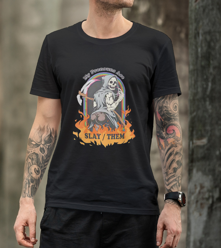 Skeleton My Pronouns Are Slay Them Cartoon Retro Rainbow Flames T-Shirt