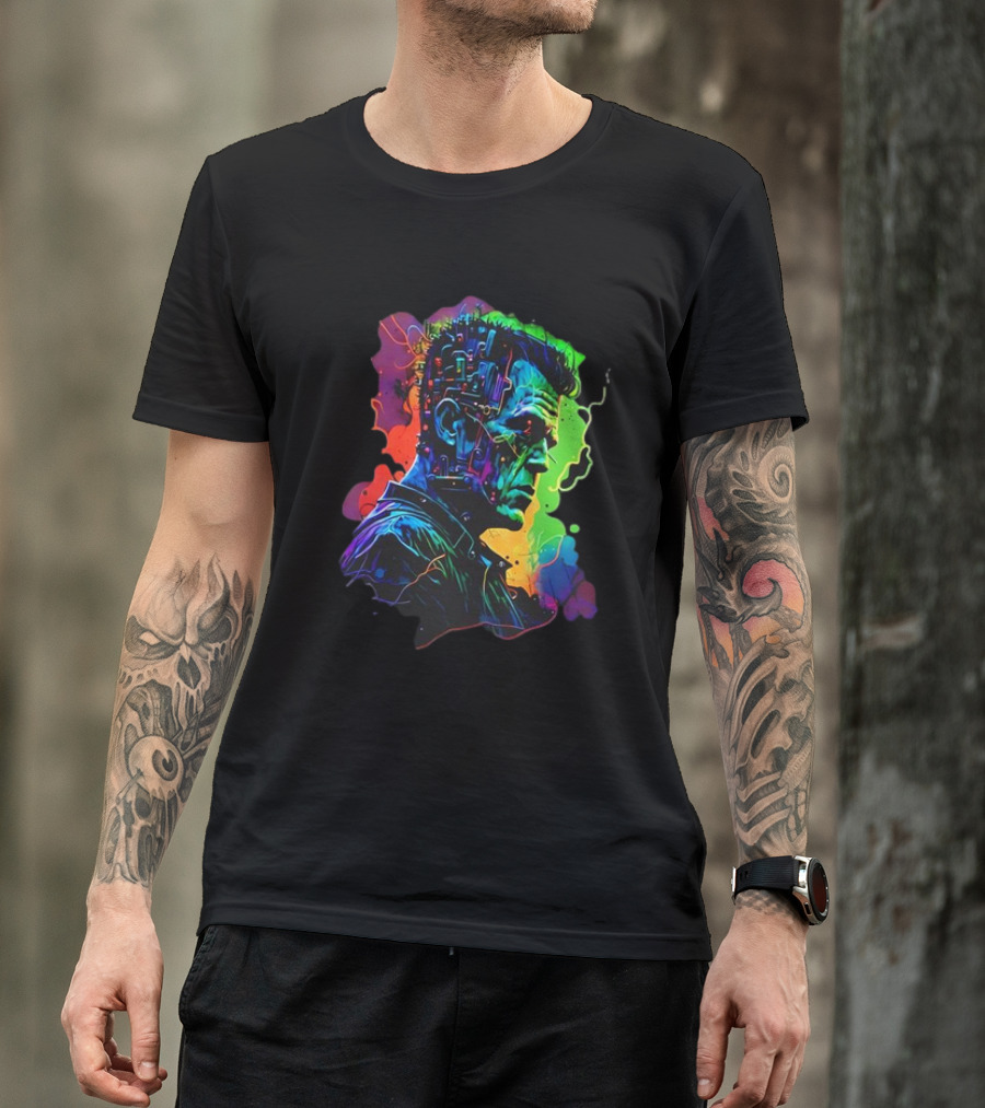 Cyberpunk Frankenstein Neon Circuit Profile T-Shirt