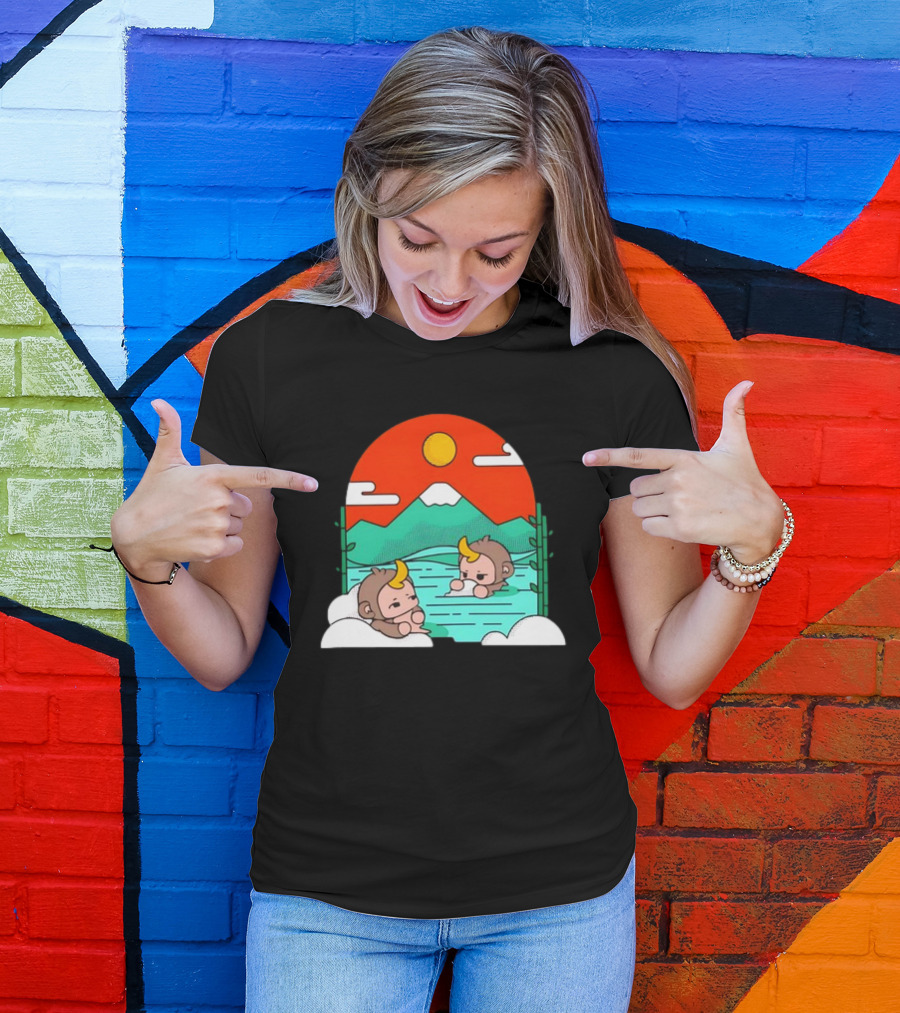 Connor Colquhoun The Tranquil Cute Monkeys In Vibrant Mountain Hot Spring Scenery With Sun And Clouds T-Shirt