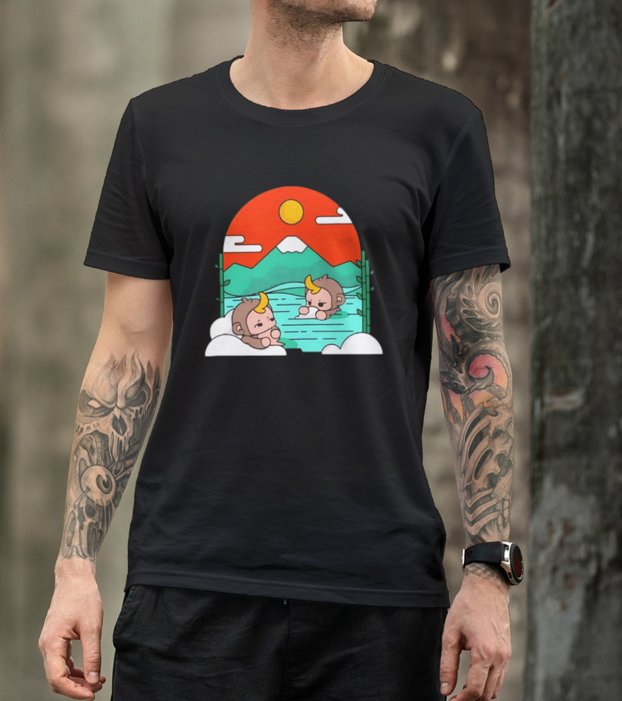 Connor Colquhoun The Tranquil Cute Monkeys In Vibrant Mountain Hot Spring Scenery With Sun And Clouds T-Shirt