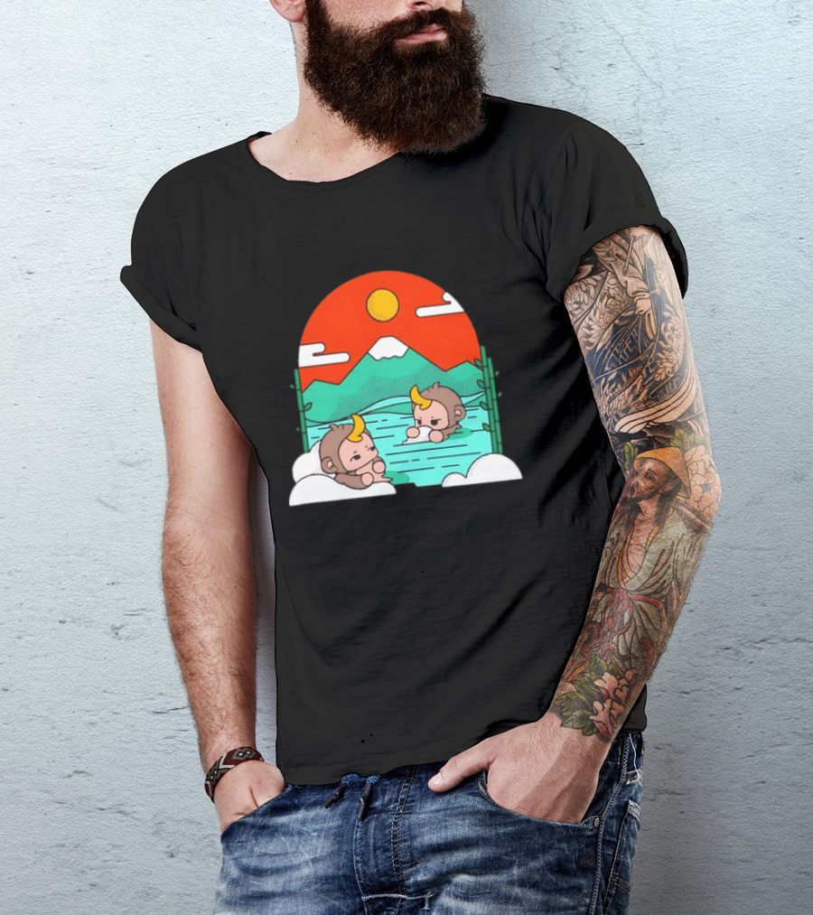 Connor Colquhoun The Tranquil Cute Monkeys In Vibrant Mountain Hot Spring Scenery With Sun And Clouds T-Shirt