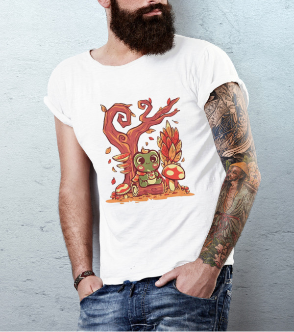Cozy Autumn Days Cute Frog Enjoying Fall Leaves T-Shirt