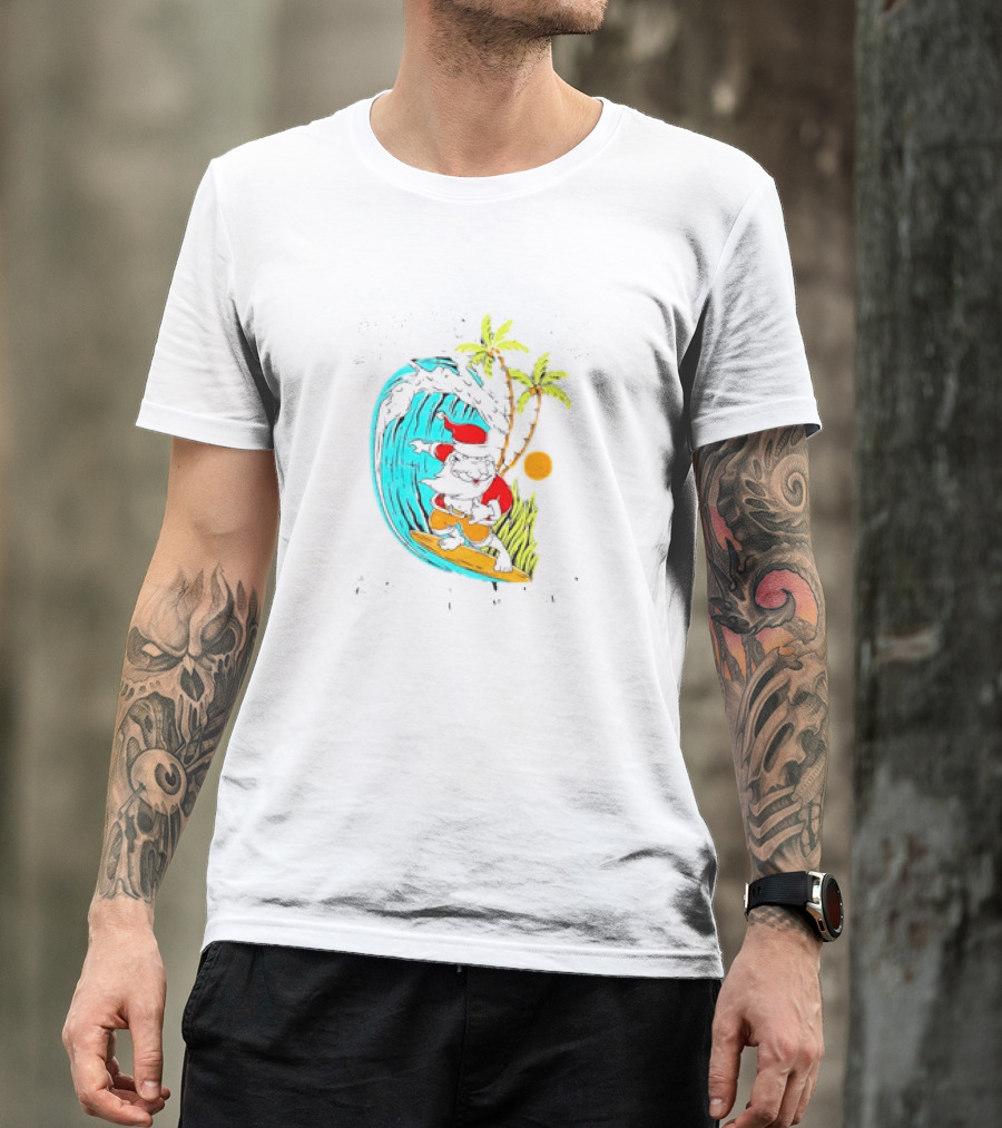 Mele Kalikimaka Hawaii Christmas Surfing Santa Wave Palm Trees Sun T-Shirt