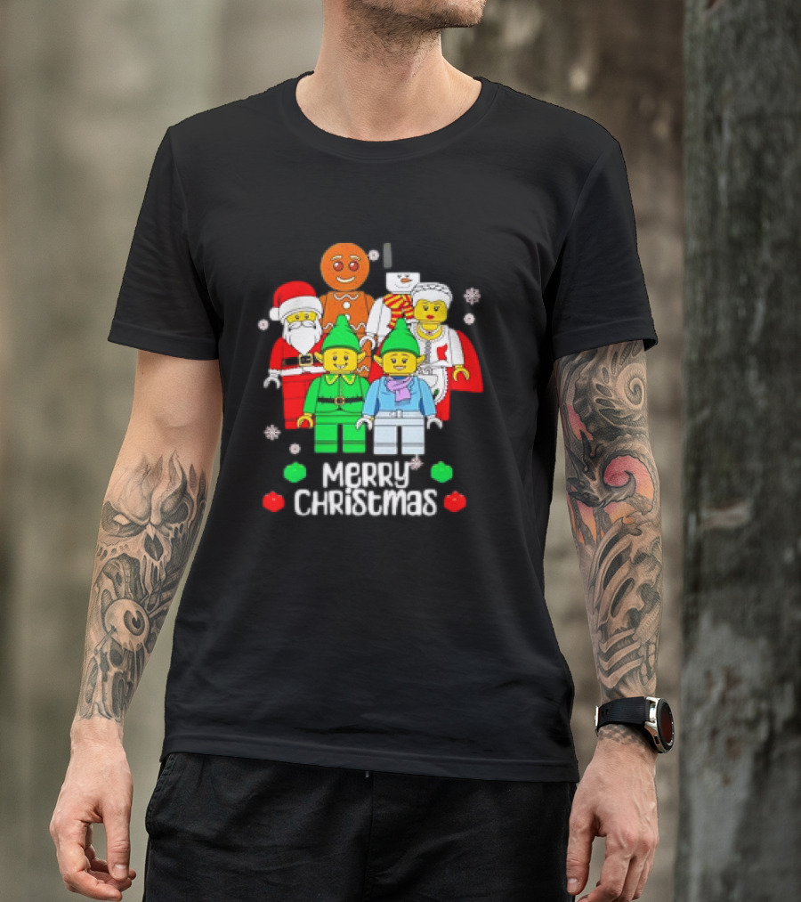 Merry Christmas Santa Elf Snowman Gingerbread Building Bricks Figures T-Shirt