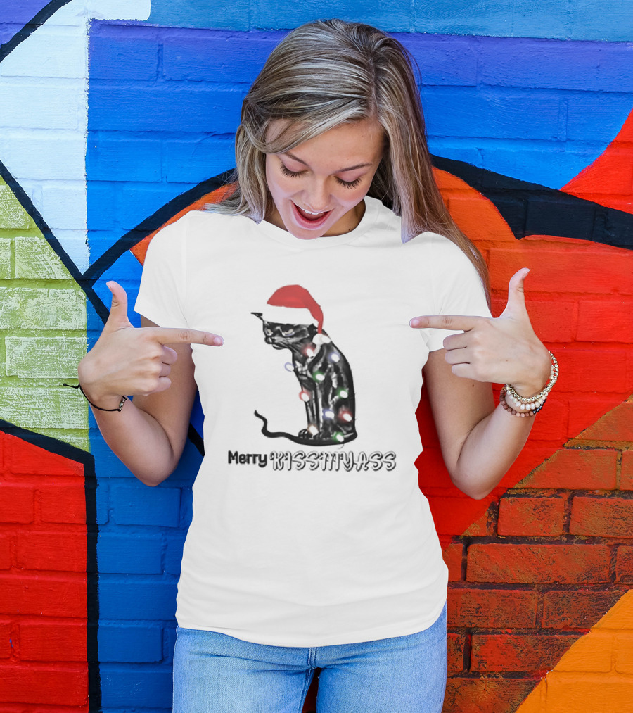 Merry Kiss My Ass Cat Christmas Lights Santa Hat T-Shirt