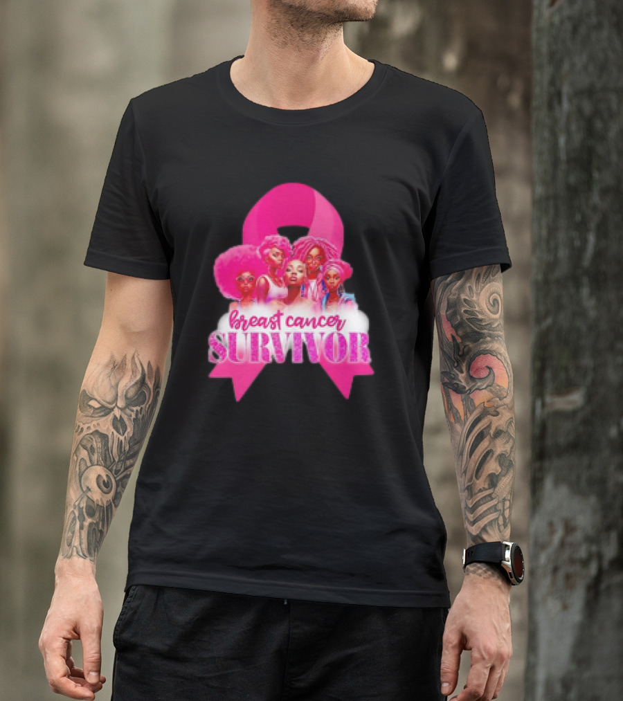 Breast Cancer Survivor Pink Ribbon Black Women Melanin Warrior T-Shirt