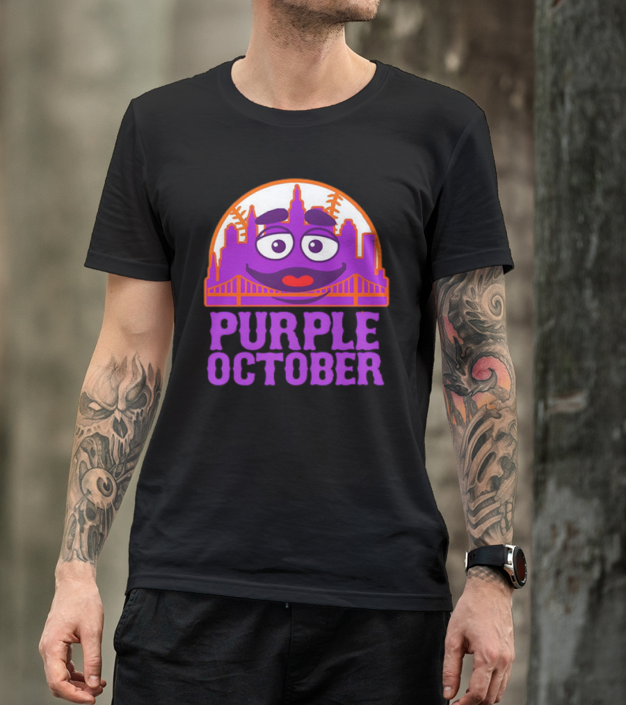 Grimace Purple October New York Mets MLB Skyline Baseball T-Shirt