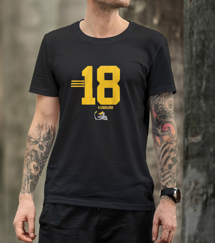 Michigan Wolverines Football Colston Loveland Number 18 Stripe T-Shirt