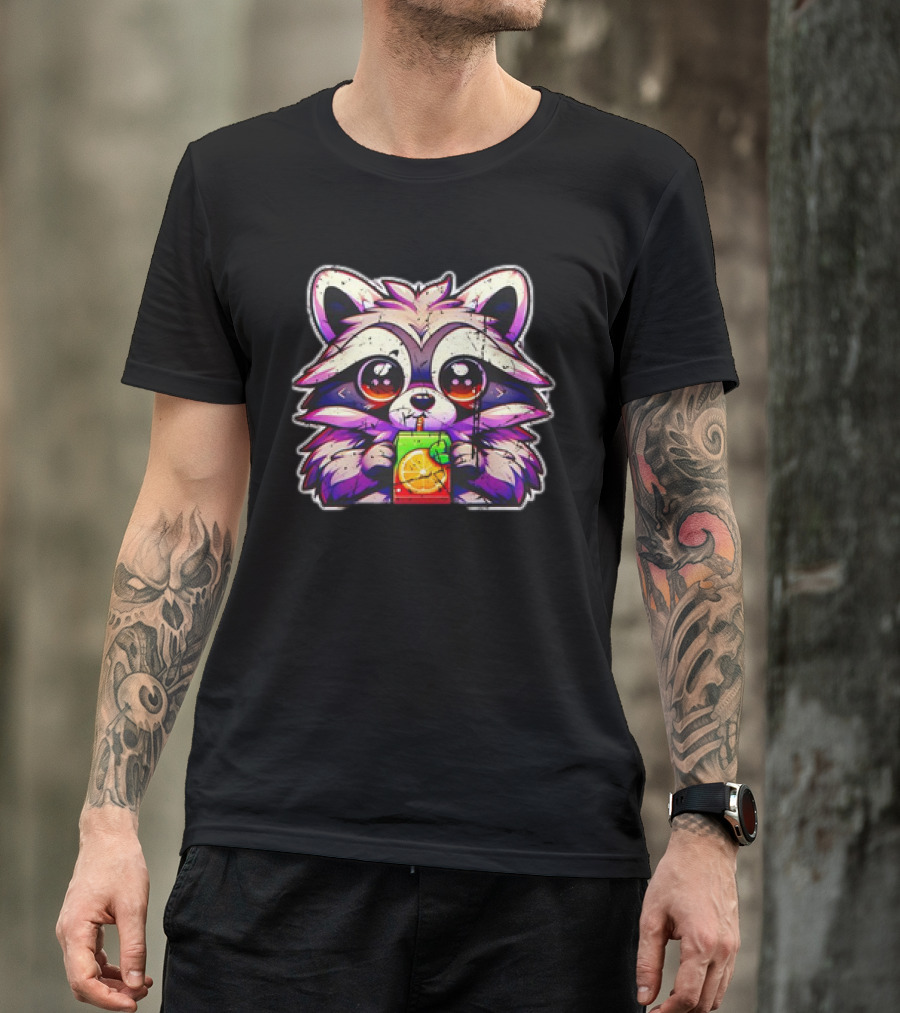 Raccoon Sipping A Juice Box Vintage Retro Style Cute Drinking Cartoon T-Shirt