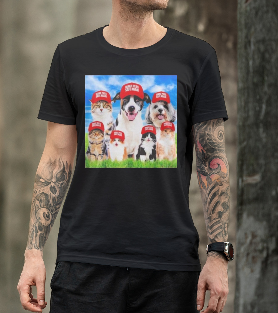 Six Cats And Dogs Wearing Red Make Pets Safe Again Hats On Green Grass T-Shirt
