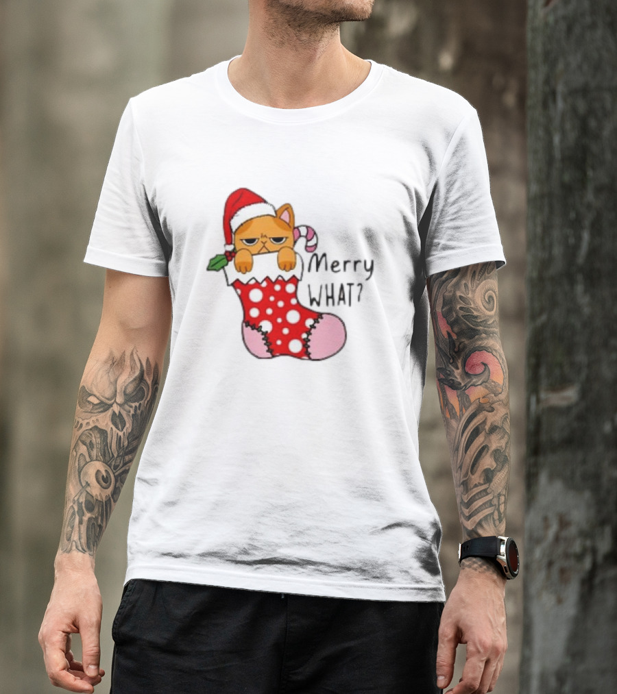 Merry What Cat In Santa Hat Christmas Stocking T-Shirt