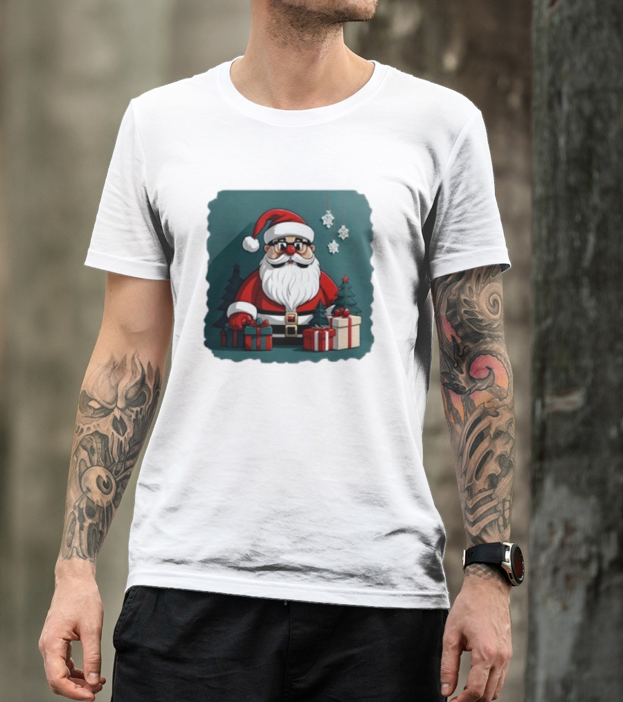 Santa Claus With Snowflakes And Presents Christmas Holiday Scene T-Shirt