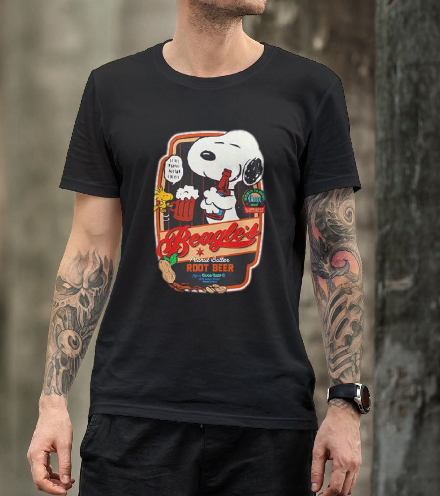 Snoopy And Woodstock Beagle's Peanut Butter Root Beer Good Grief Co Happiness T-Shirt