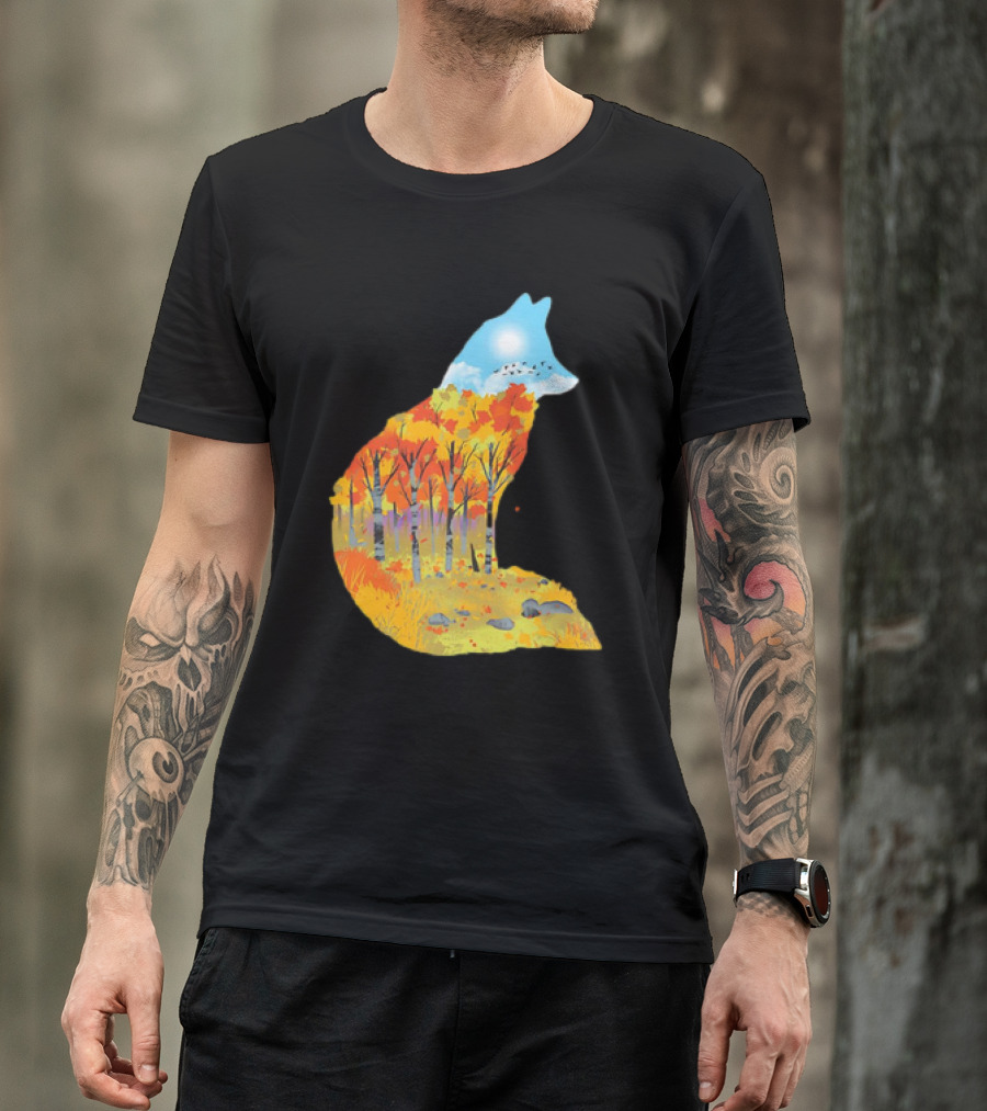 Fox Autumn Forest Landscape With Sun And Birds - I Am The Forest II T-Shirt